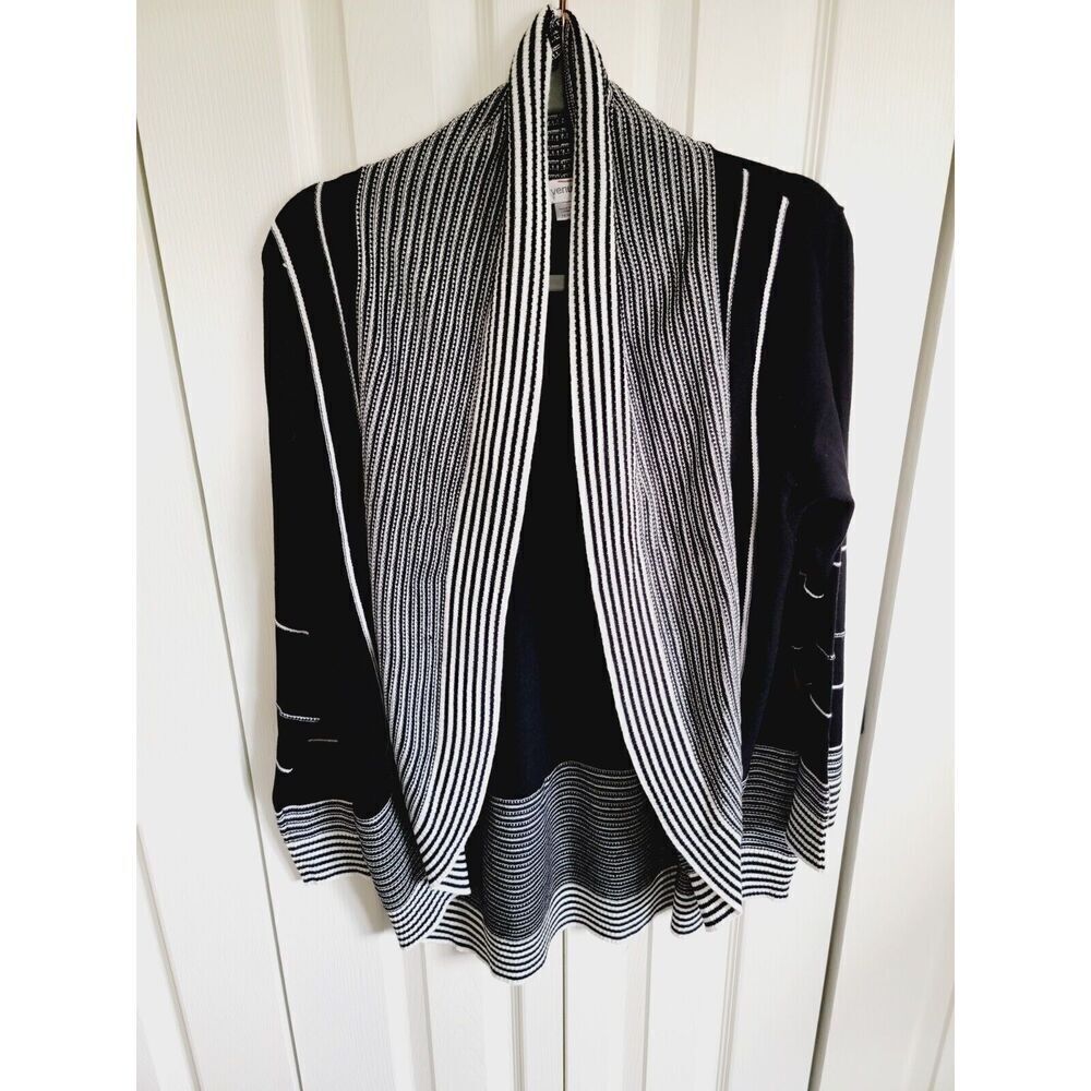 Avenue 14/16 Black White Striped Open Waterfall Front Cardigan Sweater L/S‎